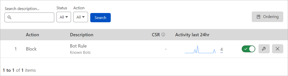 The rules list interface in the dashboard where you can manage firewall rules